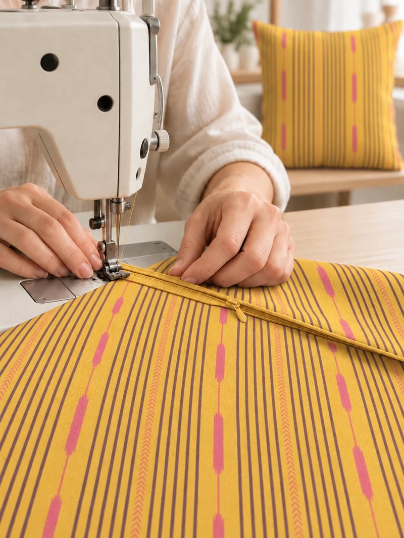 Fitting the invisible zip on a PALOMA yellow cover, in the workshop